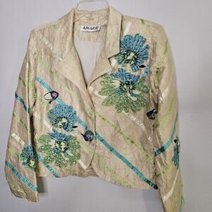 Vtg Anage 100% Silk Jacket Womens Small Floral Embroidered Beaded Green Blue